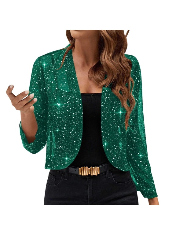 Sequin Cropped Blazer Jacket Women Glitzy Party Casual Night Out Trendy Sparkly Outerwear Green M
