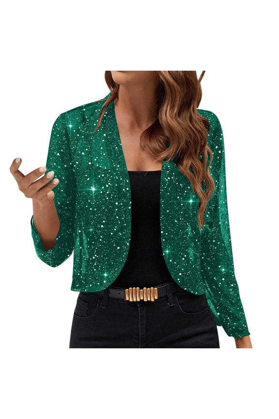 Sequin Cropped Blazer Jacket Women Glitzy Party Casual Night Out Trendy Sparkly Outerwear Green S