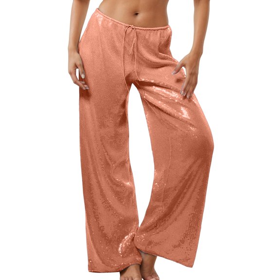 LWavelet Sequin Fabric Wide Leg Pants Women Party Festive Wear Saffron S