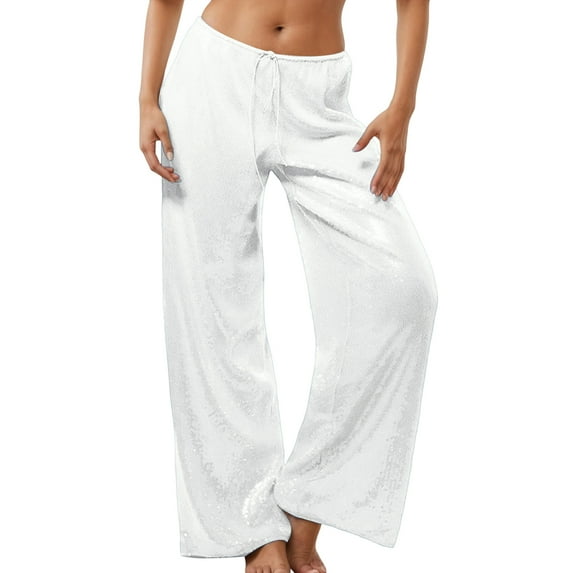 LWavelet Sequin Fabric Wide Leg Pants Women Party Festive Wear White M