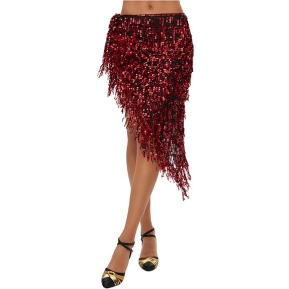 LWavelet Sequin Fringe Asymmetrical Mini Skirt Women Glitzy Dance Party Trendy Sparkly Bottoms Red One Size
