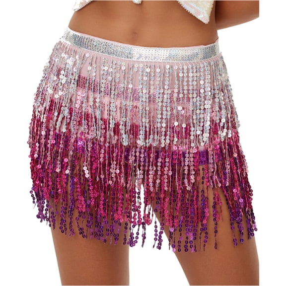 LWavelet Sequin Fringe Ombre Mini Skirt Women Glitzy Party Night Out Trendy Sparkly Bottoms Pink One Size
