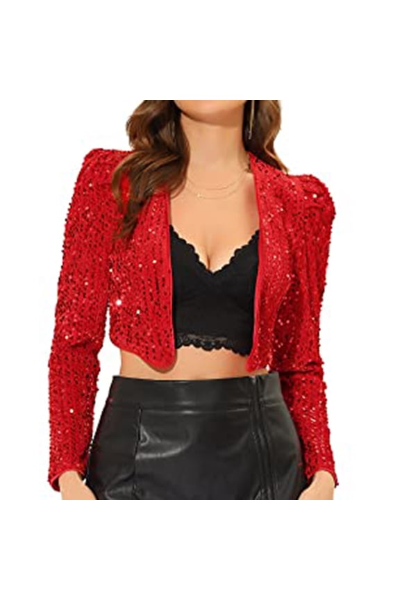 Sequin Puff-Sleeve Cropped Jacket Women Glitzy Party Night Out Trendy Sparkly Outerwear Red L