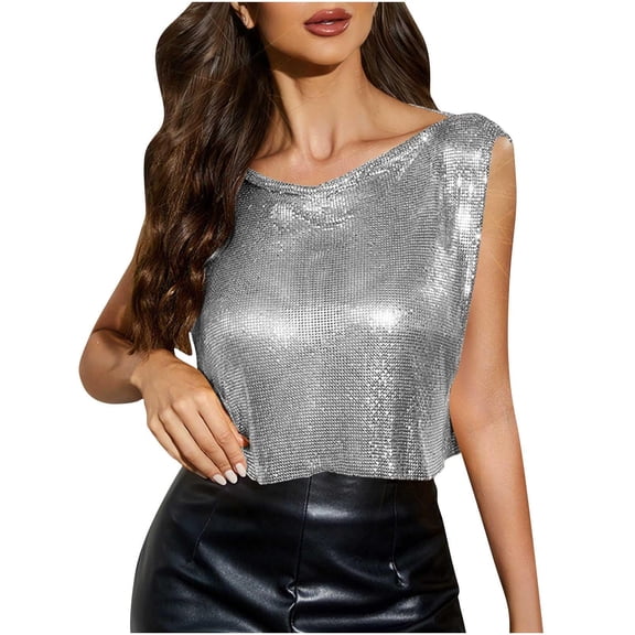 LWavelet Sequin Sleeveless Cropped Top Women Glitzy Party Casual Stylish Versatile Tops Silver One Size