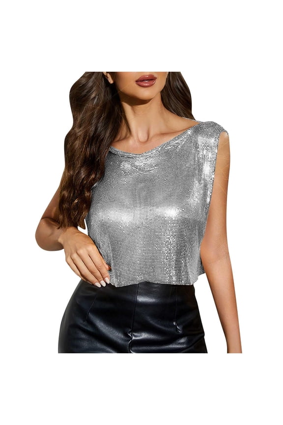 Sequin Sleeveless Cropped Top Women Glitzy Party Casual Stylish Versatile Tops Silver One Size