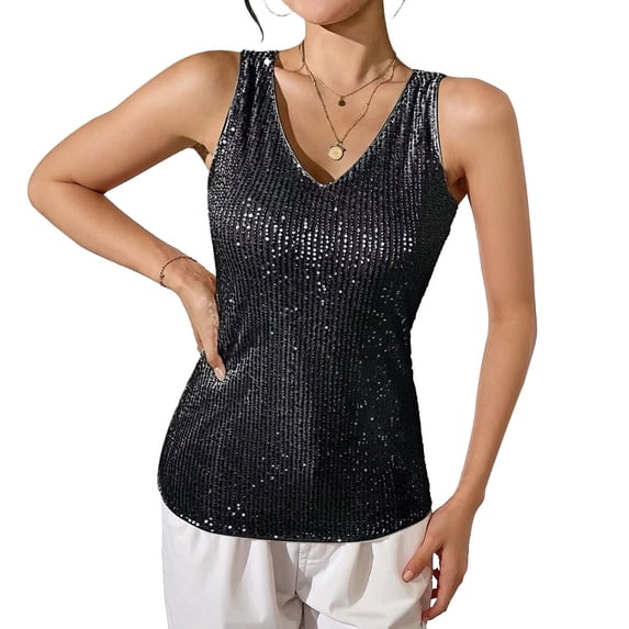 LWavelet Sequin V-Neck Sleeveless Tank Top Women Glitzy Party Night Out Trendy Tops Black M