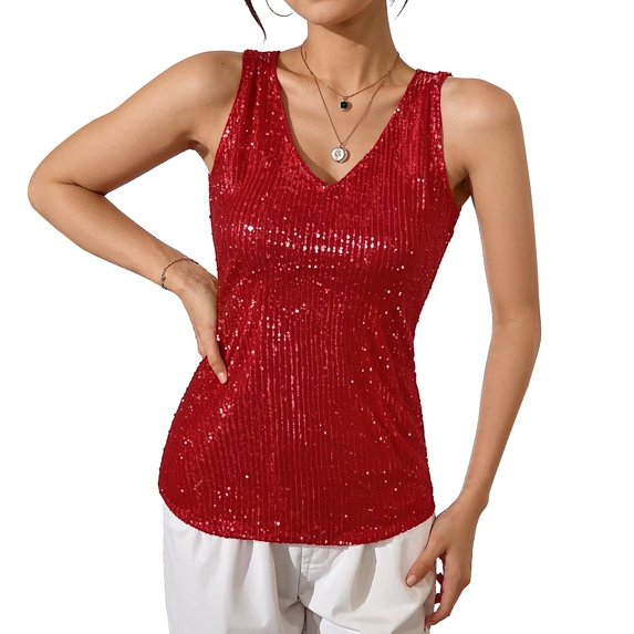 LWavelet Sequin V-Neck Sleeveless Tank Top Women Glitzy Party Night Out Trendy Tops Red S