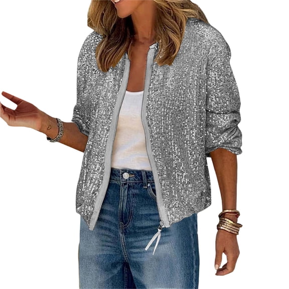 LWavelet Sequin Zip-Front Bomber Jacket Women Glitzy Party Night Out Trendy Sparkly Casual Outerwear Gray S