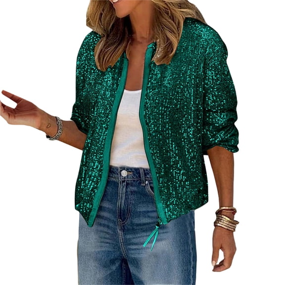 LWavelet Sequin Zip-Front Bomber Jacket Women Glitzy Party Night Out Trendy Sparkly Casual Outerwear Green L
