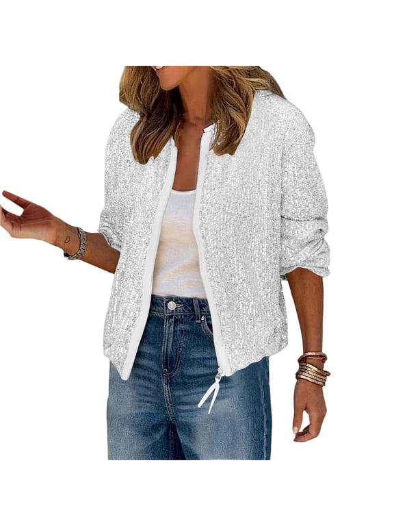 Sequin Zip-Front Bomber Jacket Women Glitzy Party Night Out Trendy Sparkly Casual Outerwear Wine XL