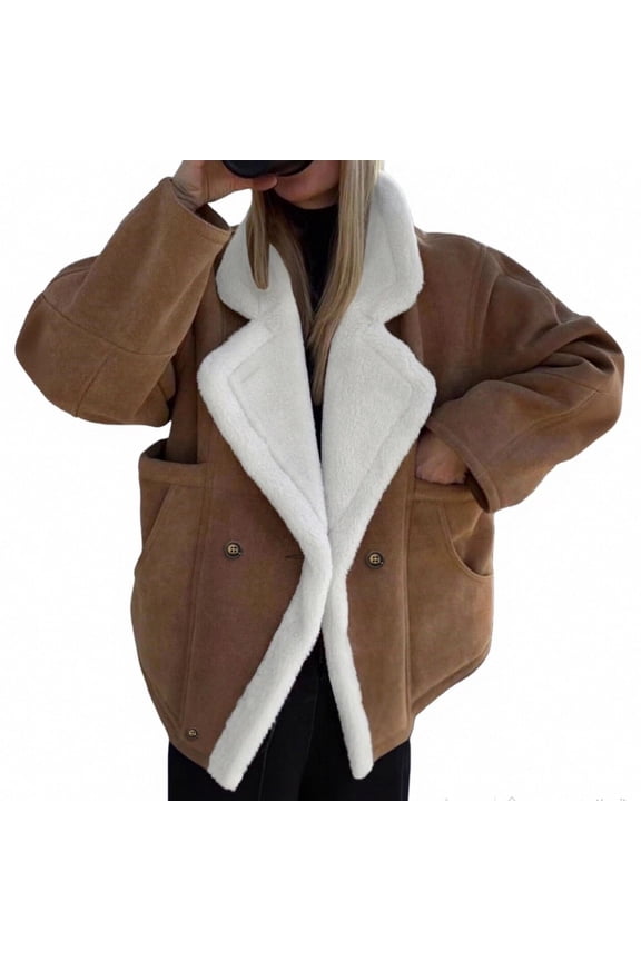 Shearling-Lined Faux Suede Coat Women Oversized Warm Fall Winter Casual Trendy Outerwear Khaki S