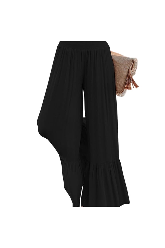 Smocked High Waisted Wide Leg Pants with Ruffled Hem Lightweight Flowy Casual Vacation Trousers Black XL