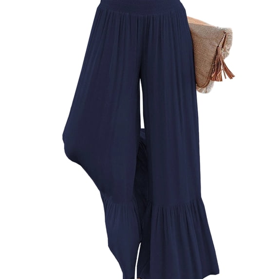 LWavelet Smocked High Waisted Wide Leg Pants with Ruffled Hem Lightweight Flowy Casual Vacation Trousers Dark Blue XL