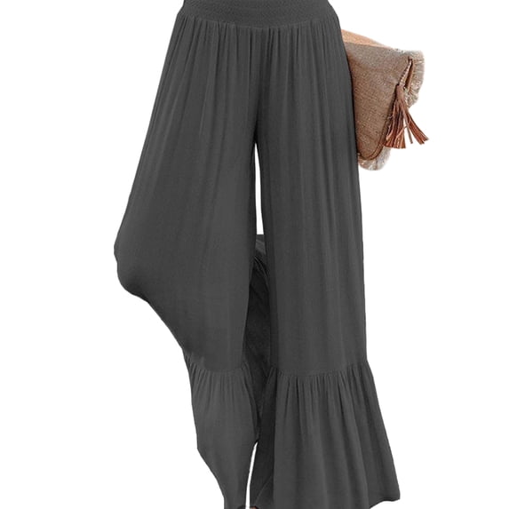 LWavelet Smocked High Waisted Wide Leg Pants with Ruffled Hem Lightweight Flowy Casual Vacation Trousers Dark Gray 2XL