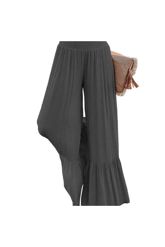 Smocked High Waisted Wide Leg Pants with Ruffled Hem Lightweight Flowy Casual Vacation Trousers Dark Gray 2XL
