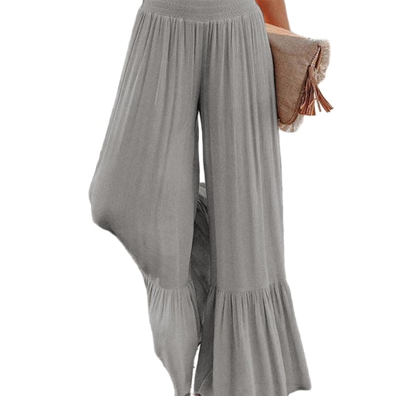 LWavelet Smocked High Waisted Wide Leg Pants with Ruffled Hem Lightweight Flowy Casual Vacation Trousers Light Gray 2XL