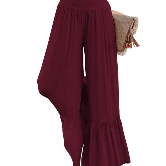 LWavelet Smocked High Waisted Wide Leg Pants with Ruffled Hem Lightweight Flowy Casual Vacation Trousers Wine 4XL
