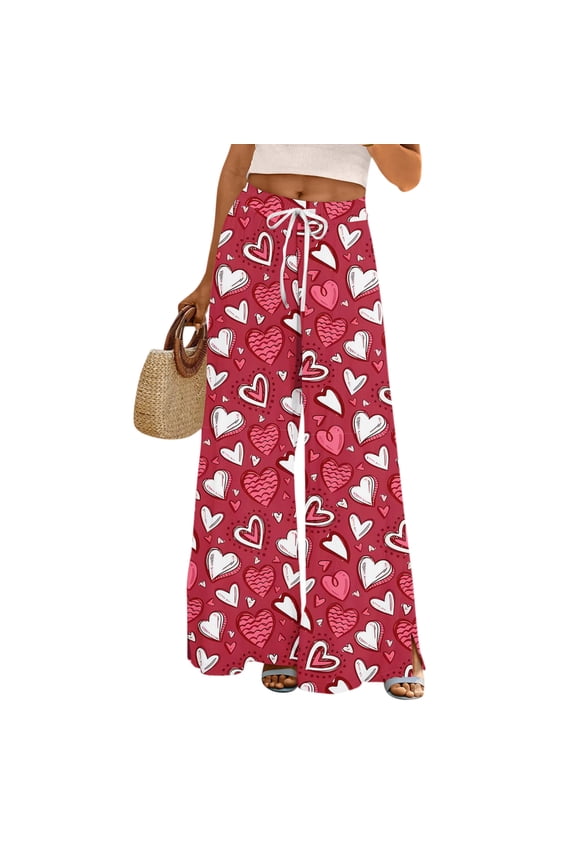 Soft Fabric Heart Pattern Wide Leg Pants Women Valentine's Day Daily Wear Red L
