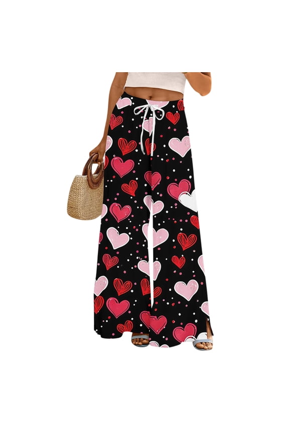 Soft Fabric Heart Print Wide Leg Pants Women Valentine's Day Casual Wear Black S