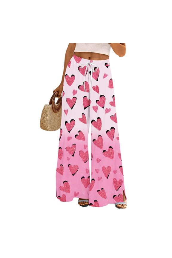 Soft Fabric Heart Print Wide Leg Pants Women Valentine's Day Casual Wear Light pink XL