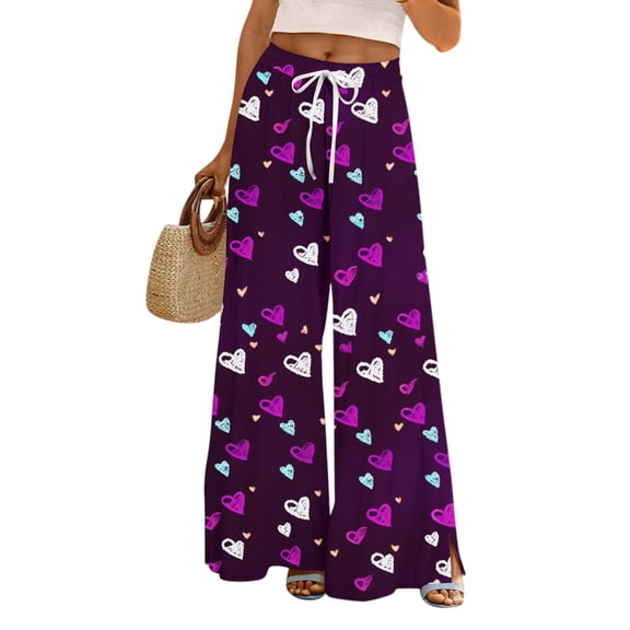 LWavelet Soft Fabric Heart Print Wide Leg Pants Women Valentine's Day Casual Wear Purple M