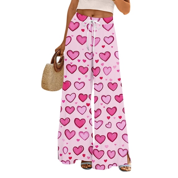 LWavelet Soft Fabric Heart Print Wide Leg Pants Women Valentine's Day Casual Wear Purple Pink S