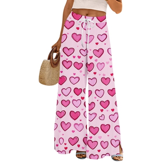 LWavelet Soft Fabric Heart Print Wide Leg Pants Women Valentine's Day Casual Wear Purple Pink XL