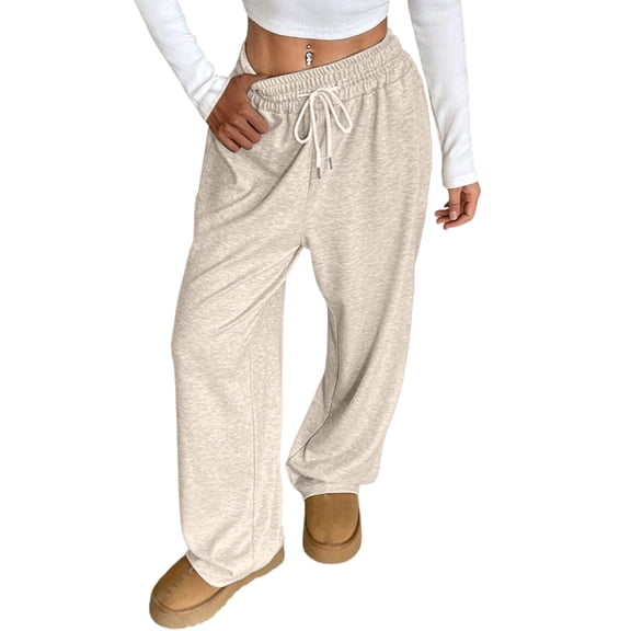LWavelet Soft Fabric Loose Wide Leg Sweatpants Women Casual Daily Wear Beige XL