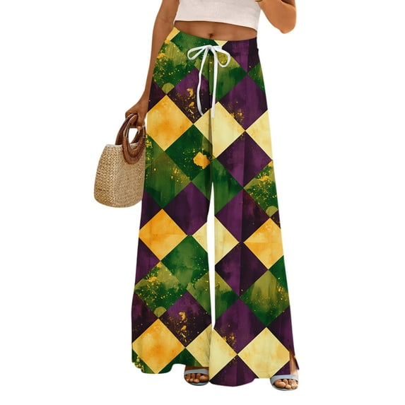 LWavelet Soft Fabric Mardi Gras Plaid Wide Leg Pants Women Festive Casual Wear Dark Green M