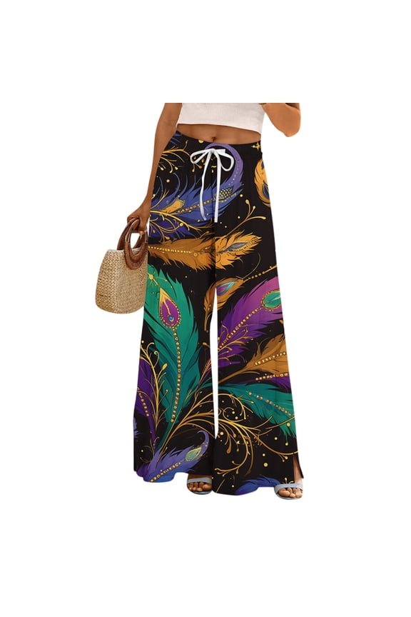Soft Fabric Peacock Feather Wide Leg Pants Women Festive Casual Wear Turquoise L