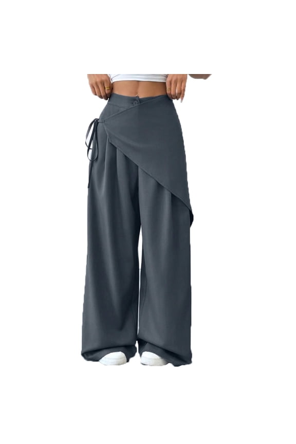 Soft Fabric Wrap Waist Wide Leg Pants Women Daily Casual Wear Navy XXL