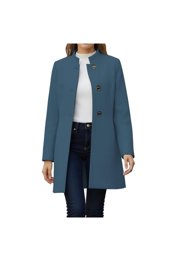 Stand-Collar Single-Breasted Mid-Length Coat Women Structured Winter Office Casual Versatile Outerwear Blue L