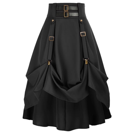 LWavelet Steampunk Style Belted Ruched Maxi Skirt Women Cosplay Party Trendy Unique Bottoms Black 2XL