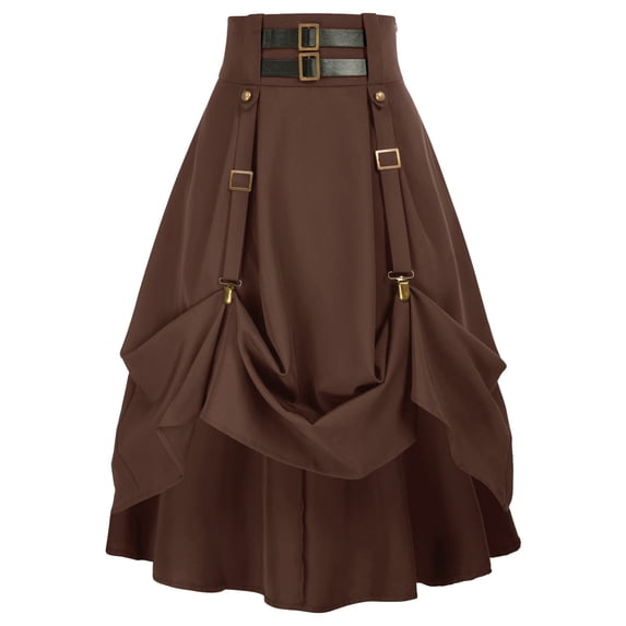 LWavelet Steampunk Style Belted Ruched Maxi Skirt Women Cosplay Party Trendy Unique Bottoms Brown S
