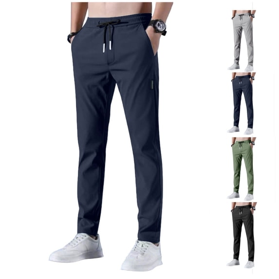 LWavelet Straight Leg Pants for Men Drawstring Elastic Waist Casual Pants Slim Fit Summer Breathable Sports Mens Joggers with Pockets