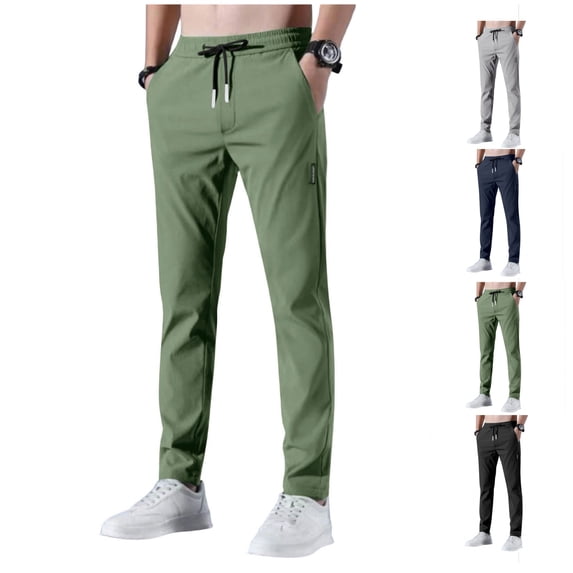 LWavelet Straight Leg Pants for Men Drawstring Elastic Waist Casual Pants Slim Fit Summer Breathable Sports Mens Joggers with Pockets