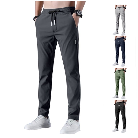 LWavelet Straight Leg Pants for Men Drawstring Elastic Waist Casual Pants Slim Fit Summer Breathable Sports Mens Joggers with Pockets