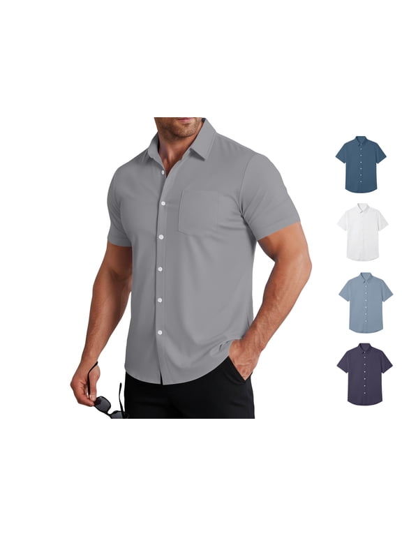 Stretch Dress Shirts for Men Short Sleeve Slim Fit Casual Button Down T-Shirt Comfortable Business Men's Dress Shirts with Pocket