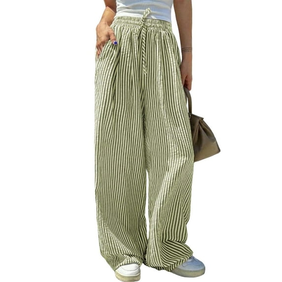 LWavelet Striped Fabric Drawstring Wide Leg Pants Women Summer Daily Wear Army Green XL