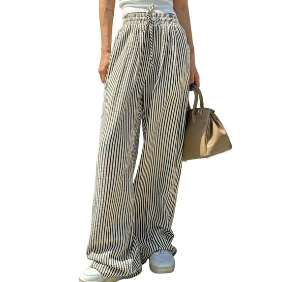 LWavelet Striped Fabric Drawstring Wide Leg Pants Women Summer Daily Wear Black XL