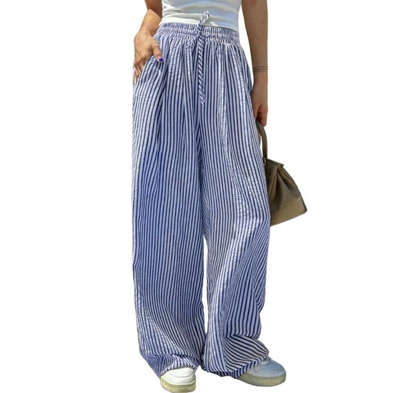 LWavelet Striped Fabric Drawstring Wide Leg Pants Women Summer Daily Wear Blue XXL