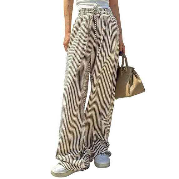 LWavelet Striped Fabric Drawstring Wide Leg Pants Women Summer Daily Wear Brown XL