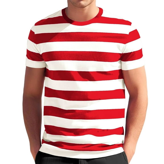 LWavelet Striped Men's Short Sleeve T-Shirt Relaxed Fit Great for Casual Outings and Daily Style Red L