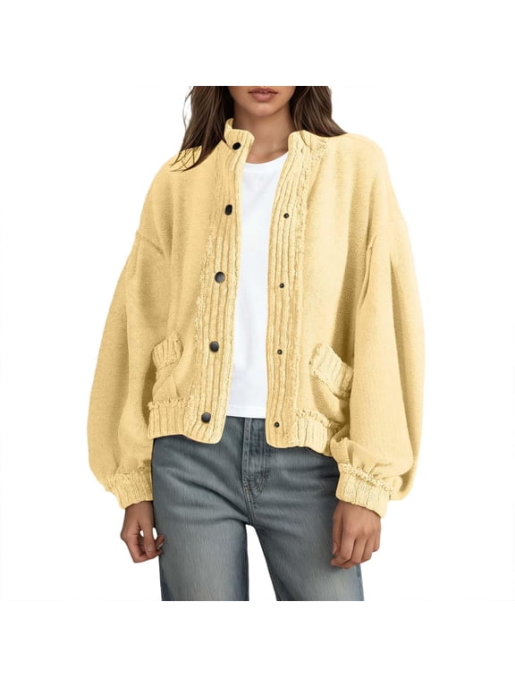 Textured Knit Button Front Blouson Jacket Women Stylish Fall Casual Lightweight Oversized Outerwear Yellow L