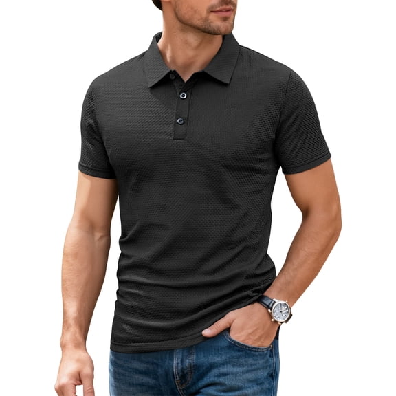 LWavelet Textured Men's Short Sleeve Polo Shirt Breathable Ideal for Casual Commute and Daily Wear Black 2XL
