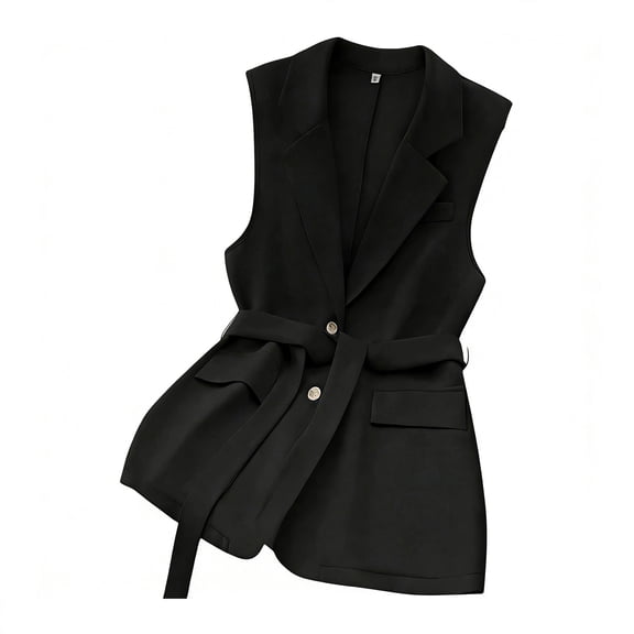 LWavelet Tie-Waist Sleeveless Blazer Vest Women Stylish Fall Layered Casual Versatile Structured Outerwear Black L