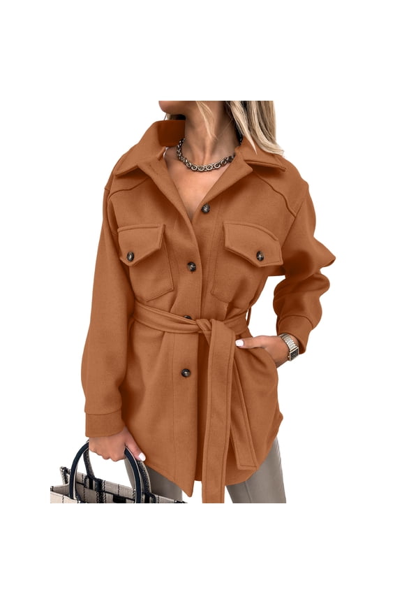 Tie-Waist Utility Shirt Jacket Women Stylish Fall Casual Loose Structured Versatile Outerwear Brown M