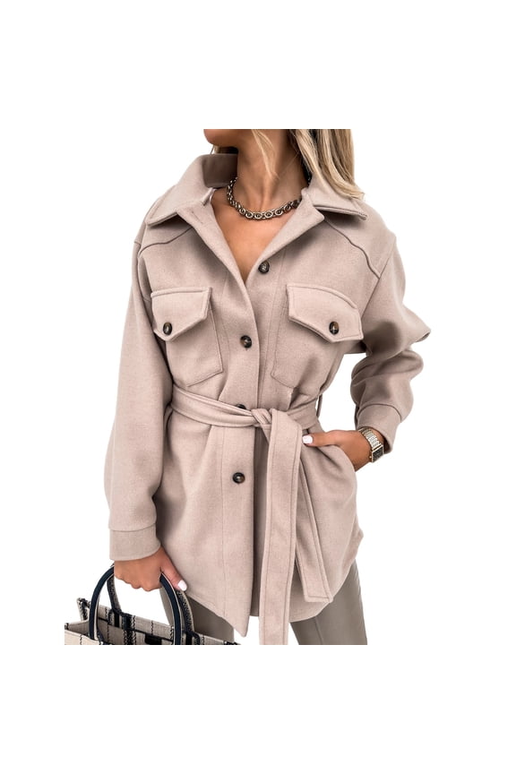 Tie-Waist Utility Shirt Jacket Women Stylish Fall Casual Loose Structured Versatile Outerwear Light Blue,Navy,White,Beige,Yellow,Coffee,Brown S,M,L,XL,2XL