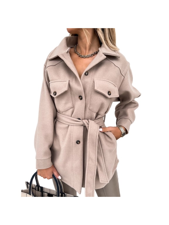Tie-Waist Utility Shirt Jacket Women Stylish Fall Casual Loose Structured Versatile Outerwear Light Blue,Navy,White,Beige,Yellow,Coffee,Brown S,M,L,XL,2XL