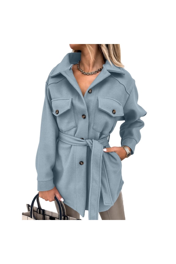 Tie-Waist Utility Shirt Jacket Women Stylish Fall Casual Loose Structured Versatile Outerwear Light Blue S
